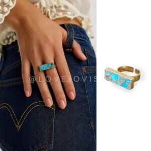 Genuine Turquoise Rectangle Ring, Gold Plated (Adjustable)